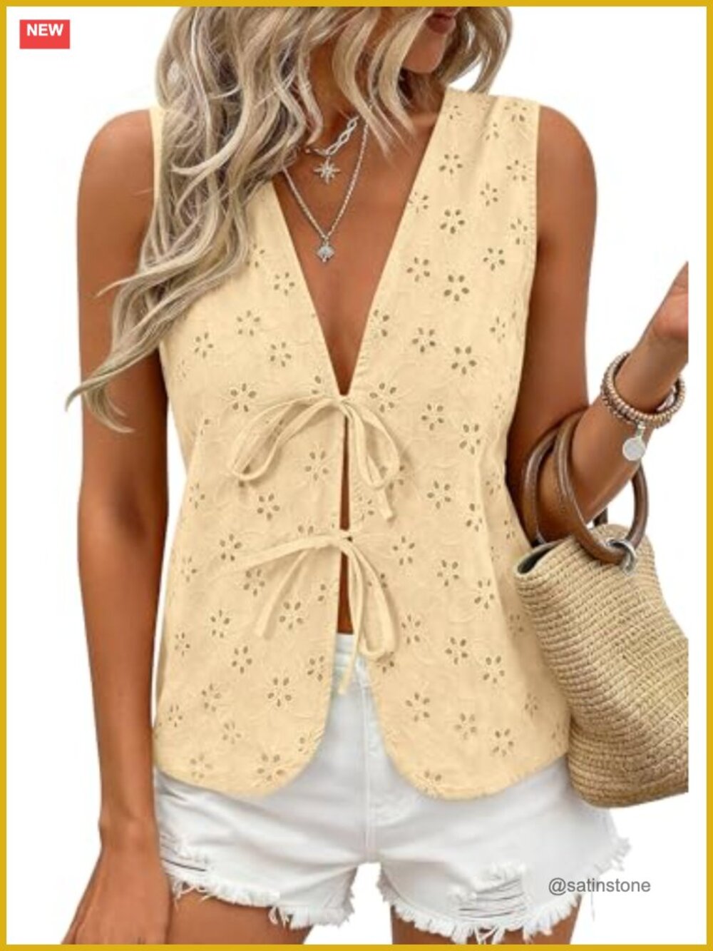 Women's Eyelet Lace Tie Front Vest Top Sleeveless Boho Summer Tank Cotton